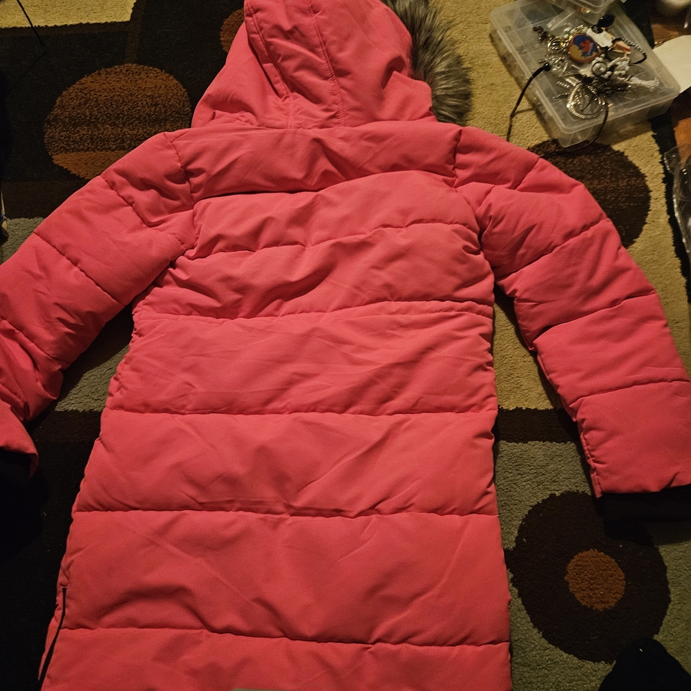NWOT Junior George Pink Puffer Jacket with Faux Fur Hood - Picture 3 of 4
